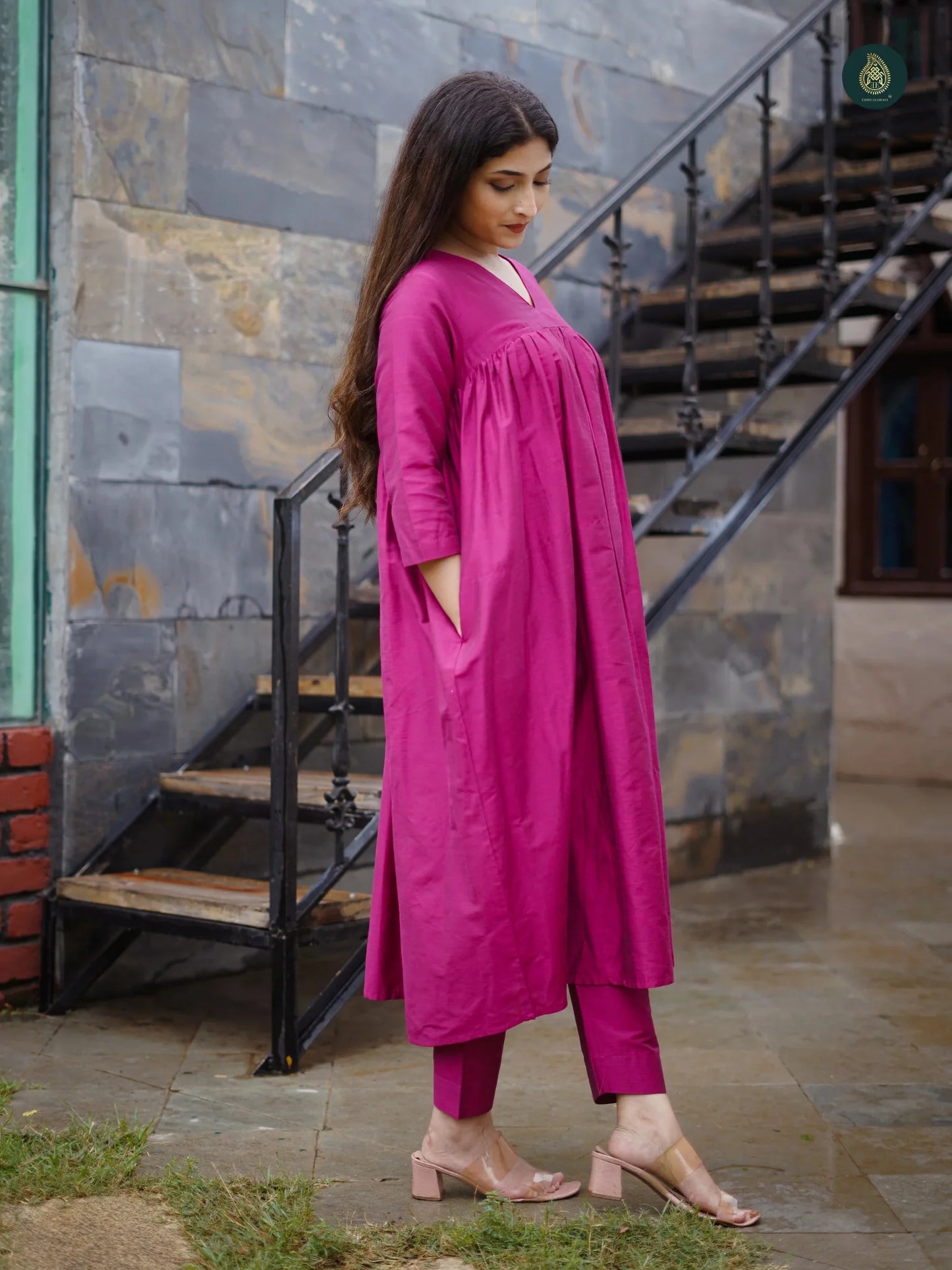 "Grace in Gathered Cotton – V-Neck Kurta Set with Pocket Pants"