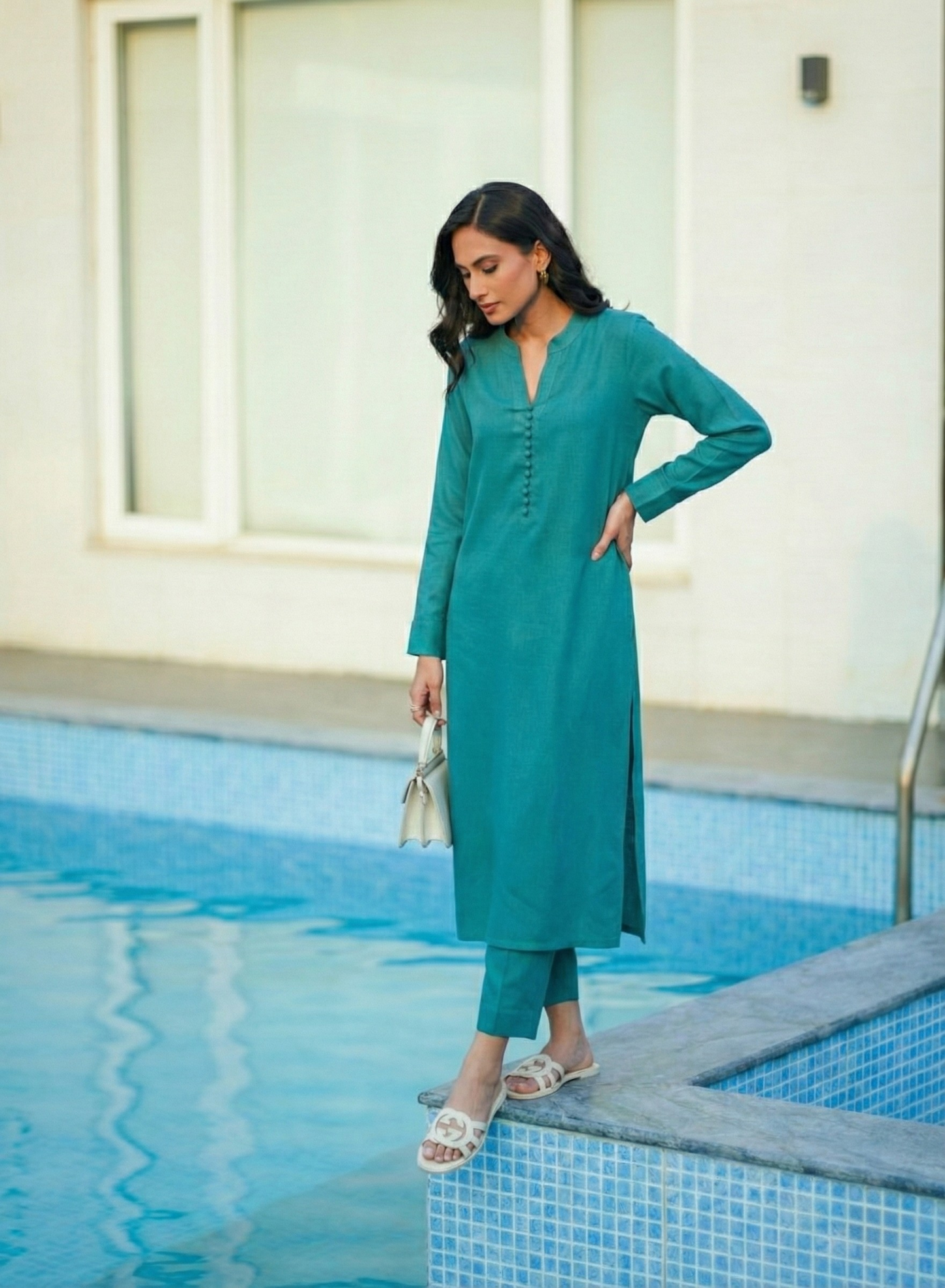 "Firoza" - Teal Blue Solid Rayon Button-Down Kurta Set