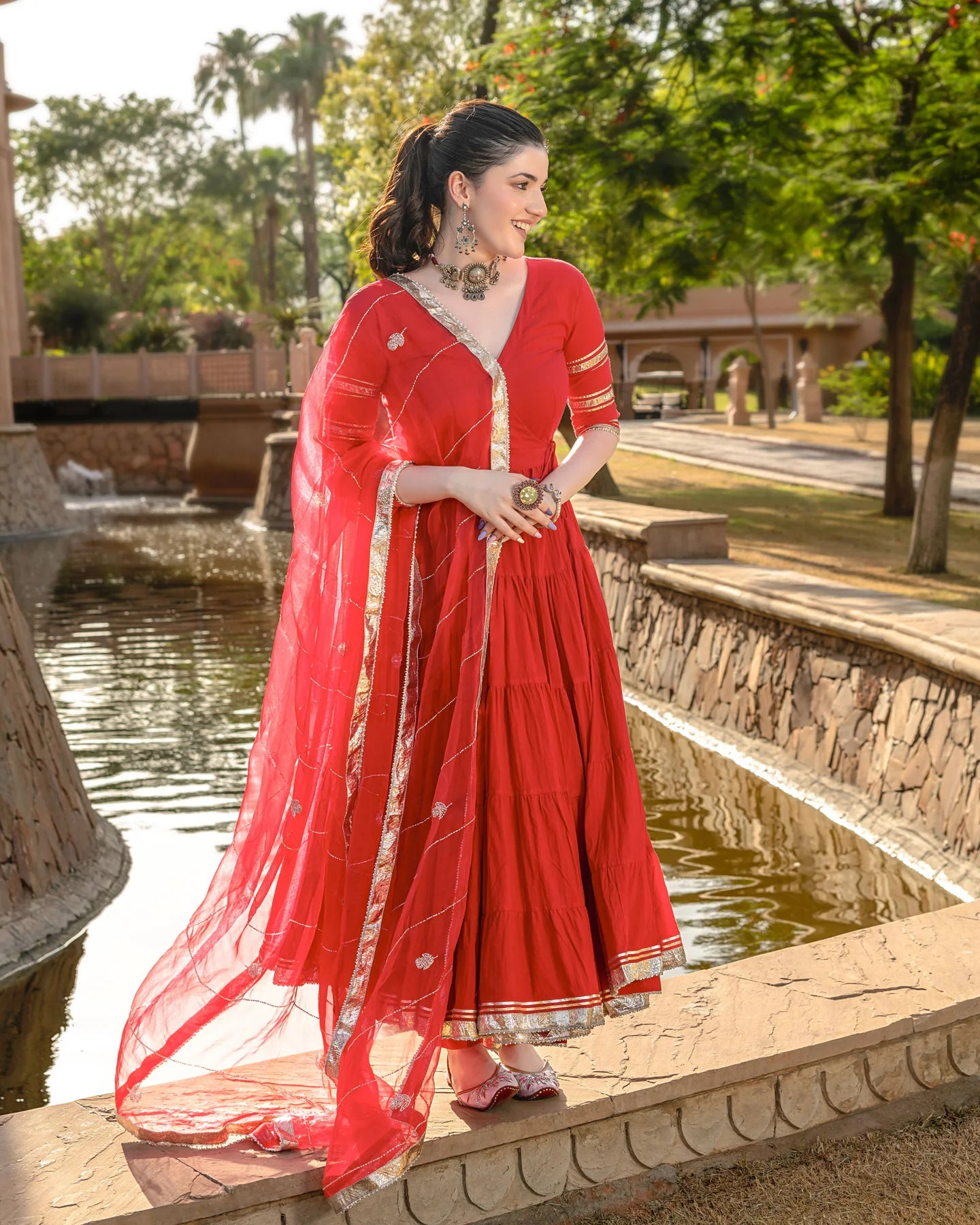 Kumudini Red Cotton GotaPatti Suit Set