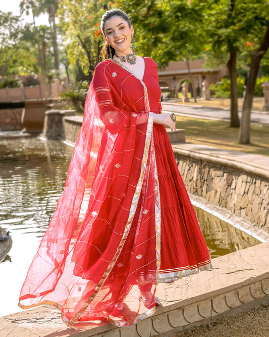 Kumudini Red Cotton GotaPatti Suit Set