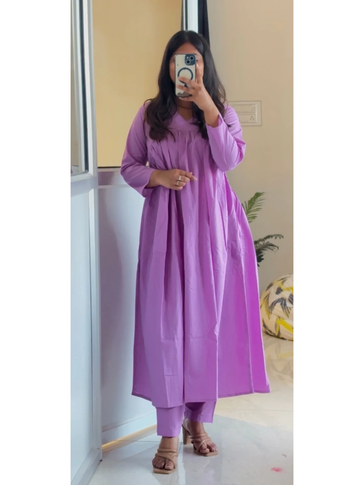 "Grace in Gathered Cotton – V-Neck Kurta Set with Pocket Pants"