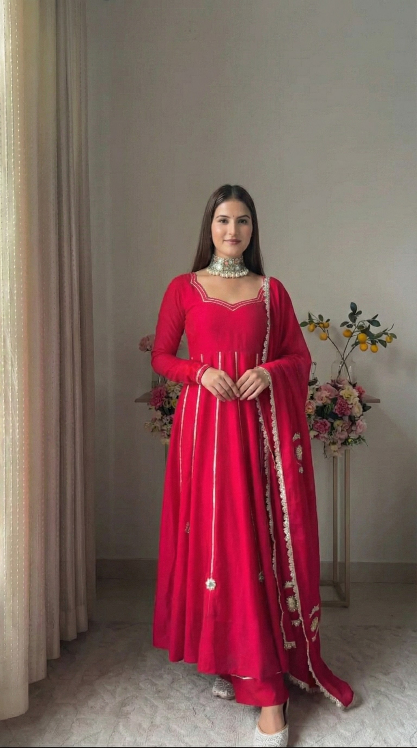 "Arka" - Vibrant Red Georgette Anarkali Suit Set with Gold Gota
