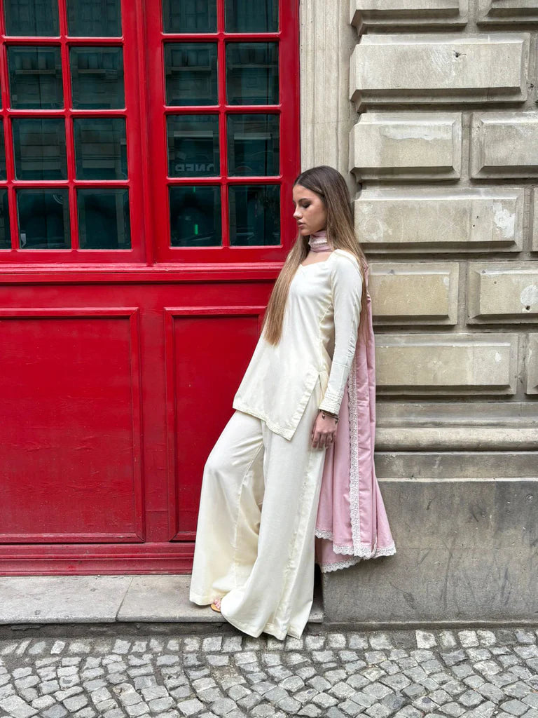 "Inayat" - Cream Cotton Blend Kurta Palazzo Set with Pink Dupatta