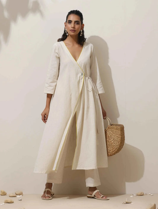 Off-White Cotton Linen Angrakha Kurta Pant Set