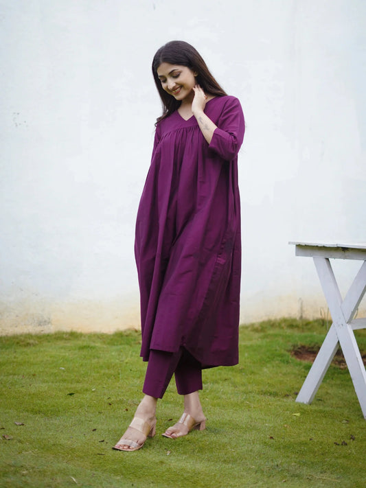 "Grace in Gathered Cotton – V-Neck Kurta Set with Pocket Pants"