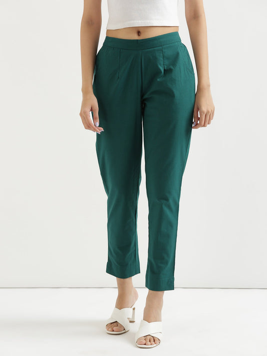 Vedora Essentials: Bottle Green Cotton Pants – Comfort in Every Size