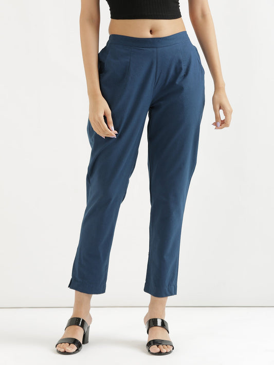 Vedora Vibrance: Peacock Blue Cotton Pants for Bold Elegance