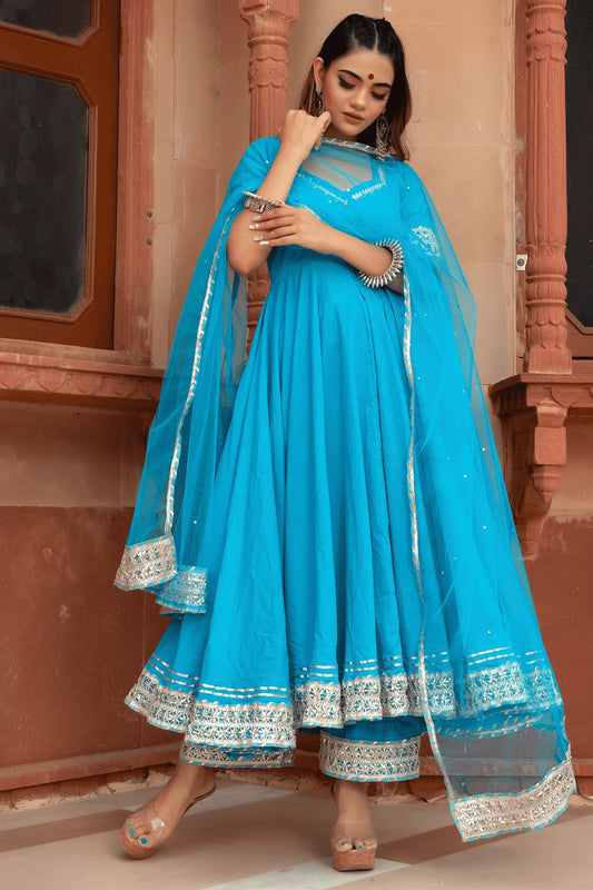 Kalamkari Bloom – Blue Cotton Anarkali with Net Dupatta
