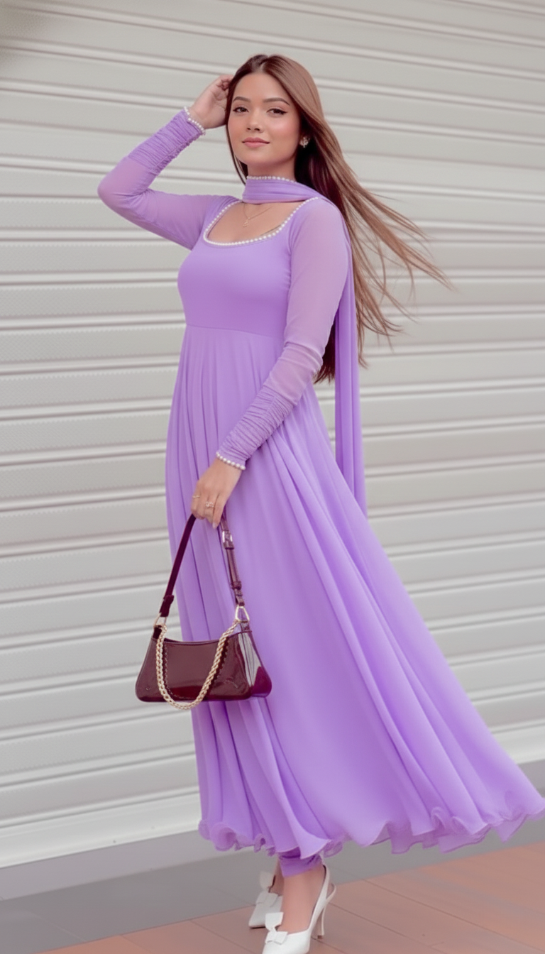 "Lila" - Lavender Georgette Anarkali Suit Set with Pompom Lace