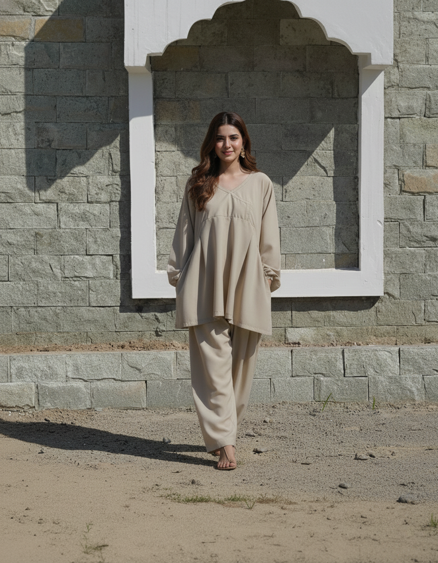 "Mrinalini" - Beige Rayon Gathered Tunic Co-ord Set