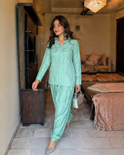 Gulnaar Mint Cotton Farshi Salwar Set for Women Shirt Style Kurta with Farshi Pants