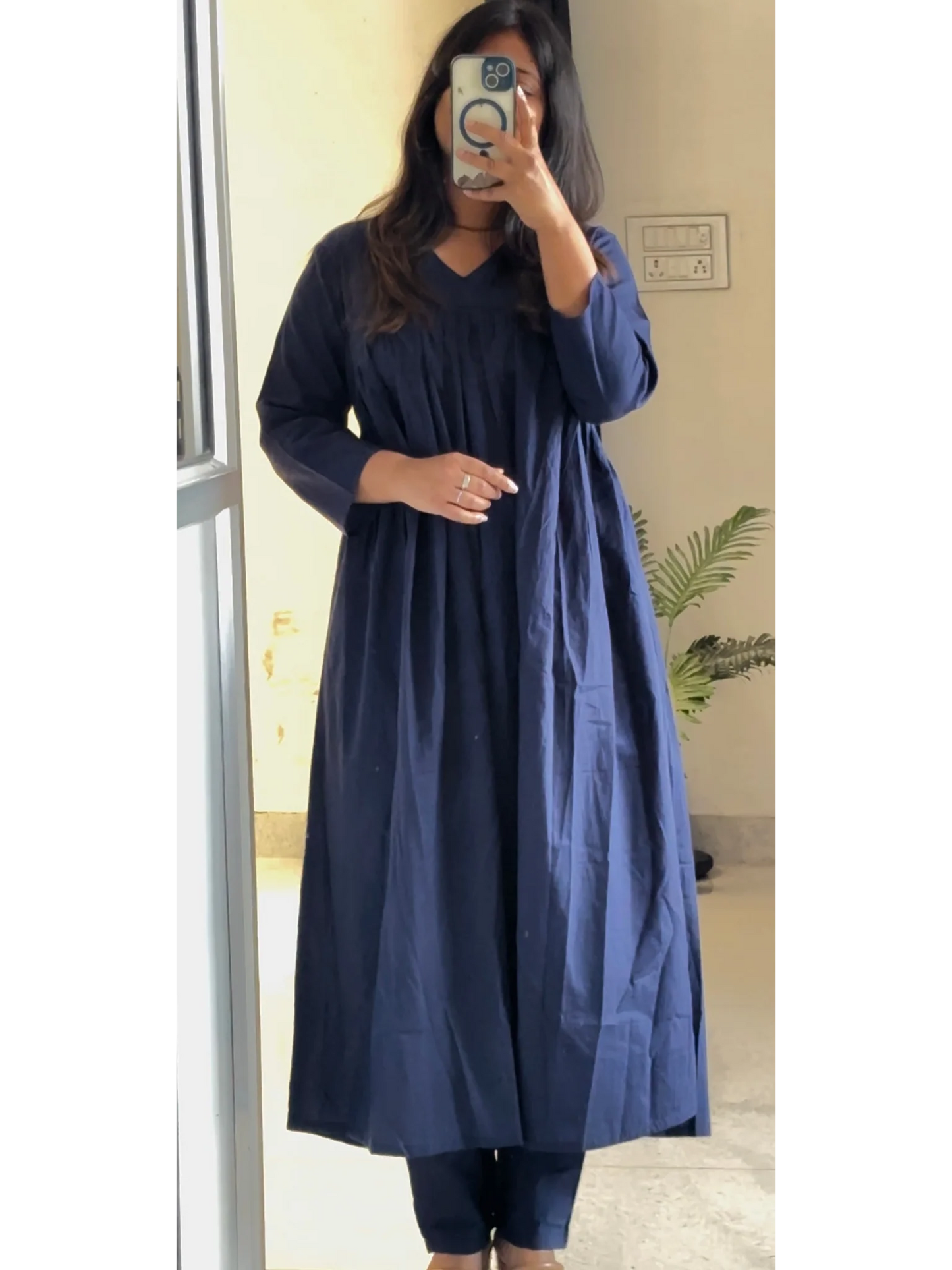 "Grace in Gathered Cotton – V-Neck Kurta Set with Pocket Pants"