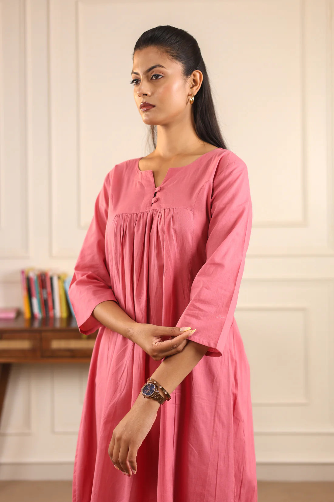 "Nayra" - Flowy Gathered Yoke Cotton Kurta & Straight Pants Set