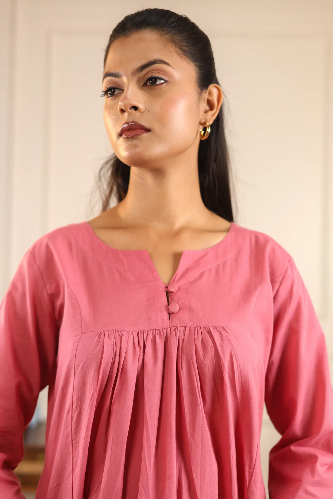 "Nayra" - Flowy Gathered Yoke Cotton Kurta & Straight Pants Set