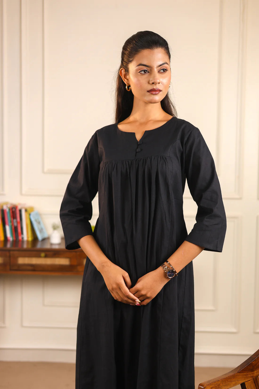 "Nayra" - Flowy Gathered Yoke Cotton Kurta & Straight Pants Set
