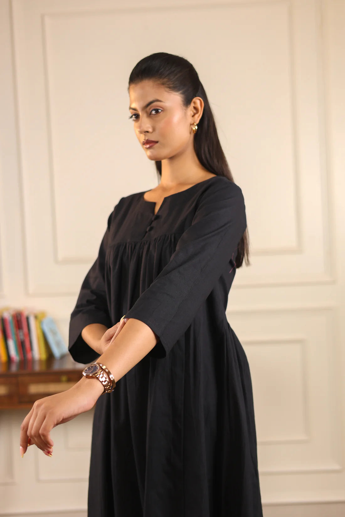 "Nayra" - Flowy Gathered Yoke Cotton Kurta & Straight Pants Set