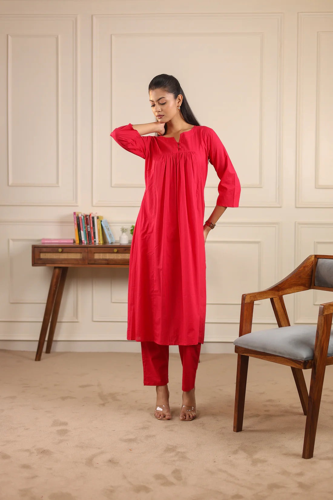 "Nayra" - Flowy Gathered Yoke Cotton Kurta & Straight Pants Set