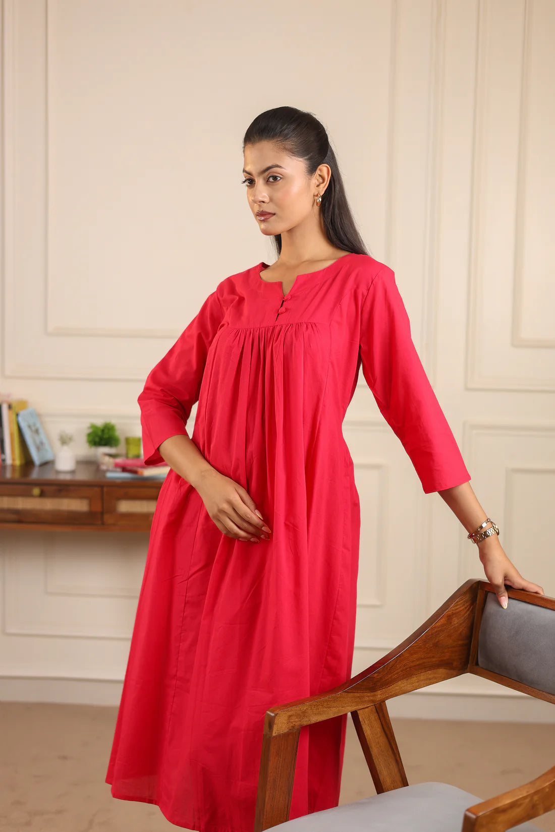 "Nayra" - Flowy Gathered Yoke Cotton Kurta & Straight Pants Set