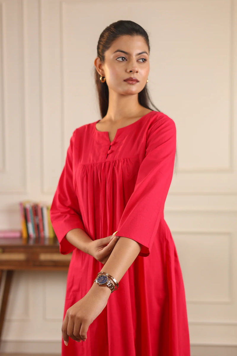 "Nayra" - Flowy Gathered Yoke Cotton Kurta & Straight Pants Set