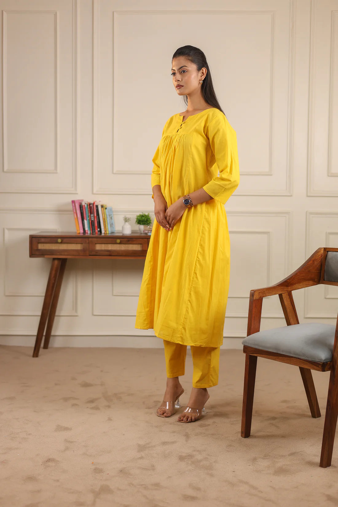 "Nayra" - Flowy Gathered Yoke Cotton Kurta & Straight Pants Set