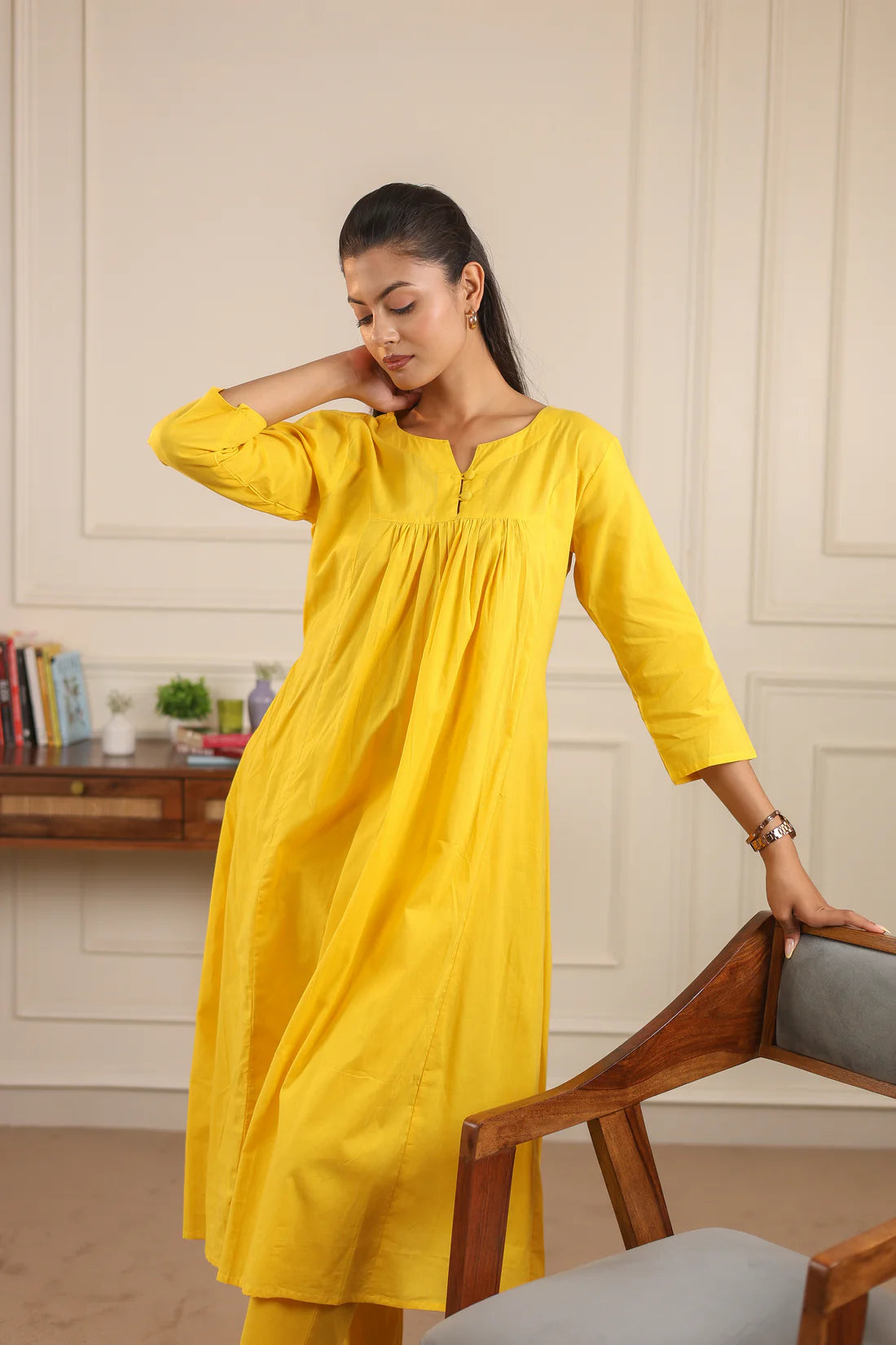 "Nayra" - Flowy Gathered Yoke Cotton Kurta & Straight Pants Set