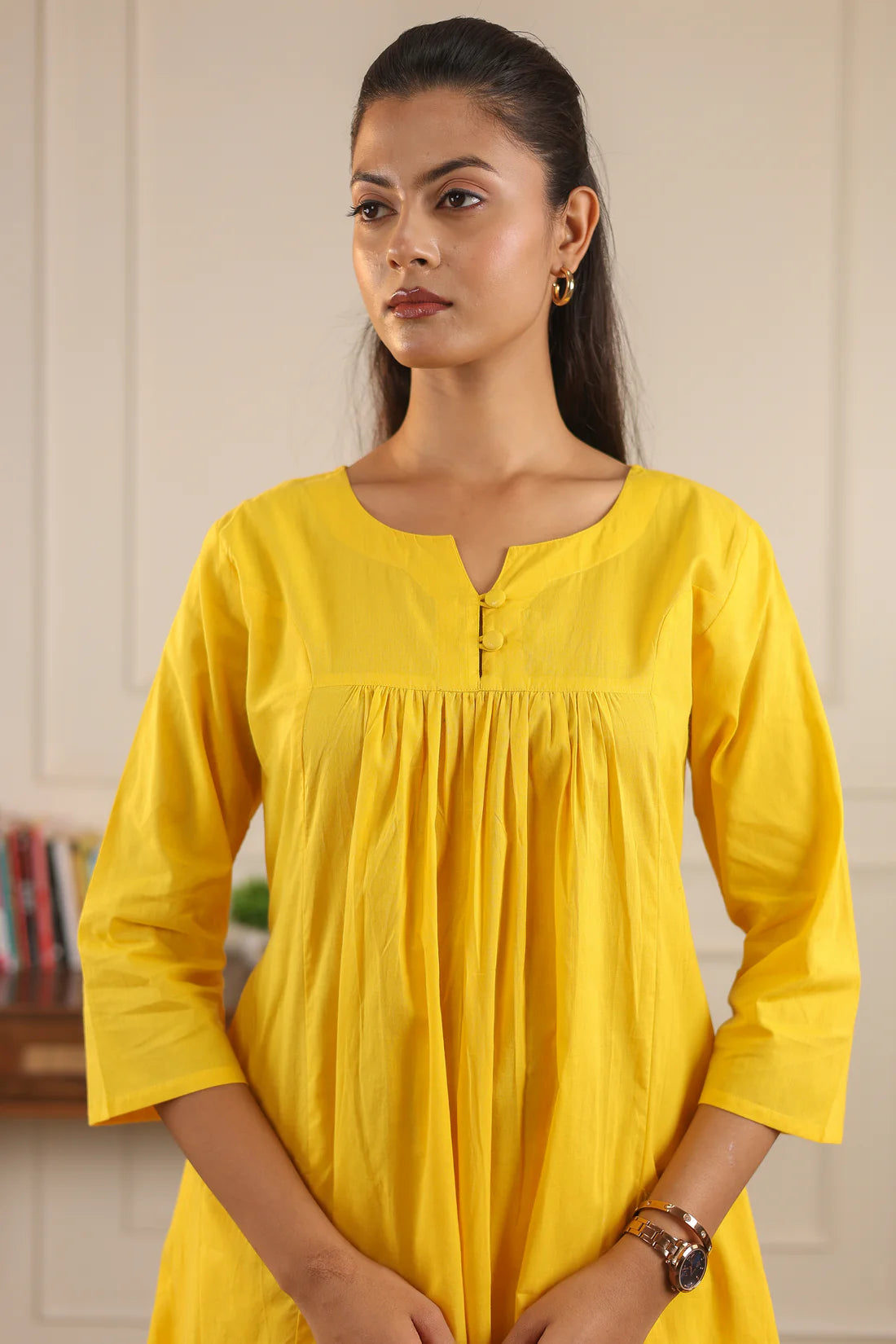 "Nayra" - Flowy Gathered Yoke Cotton Kurta & Straight Pants Set