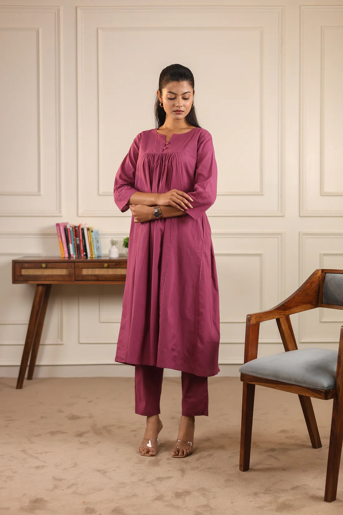 "Nayra" - Flowy Gathered Yoke Cotton Kurta & Straight Pants Set