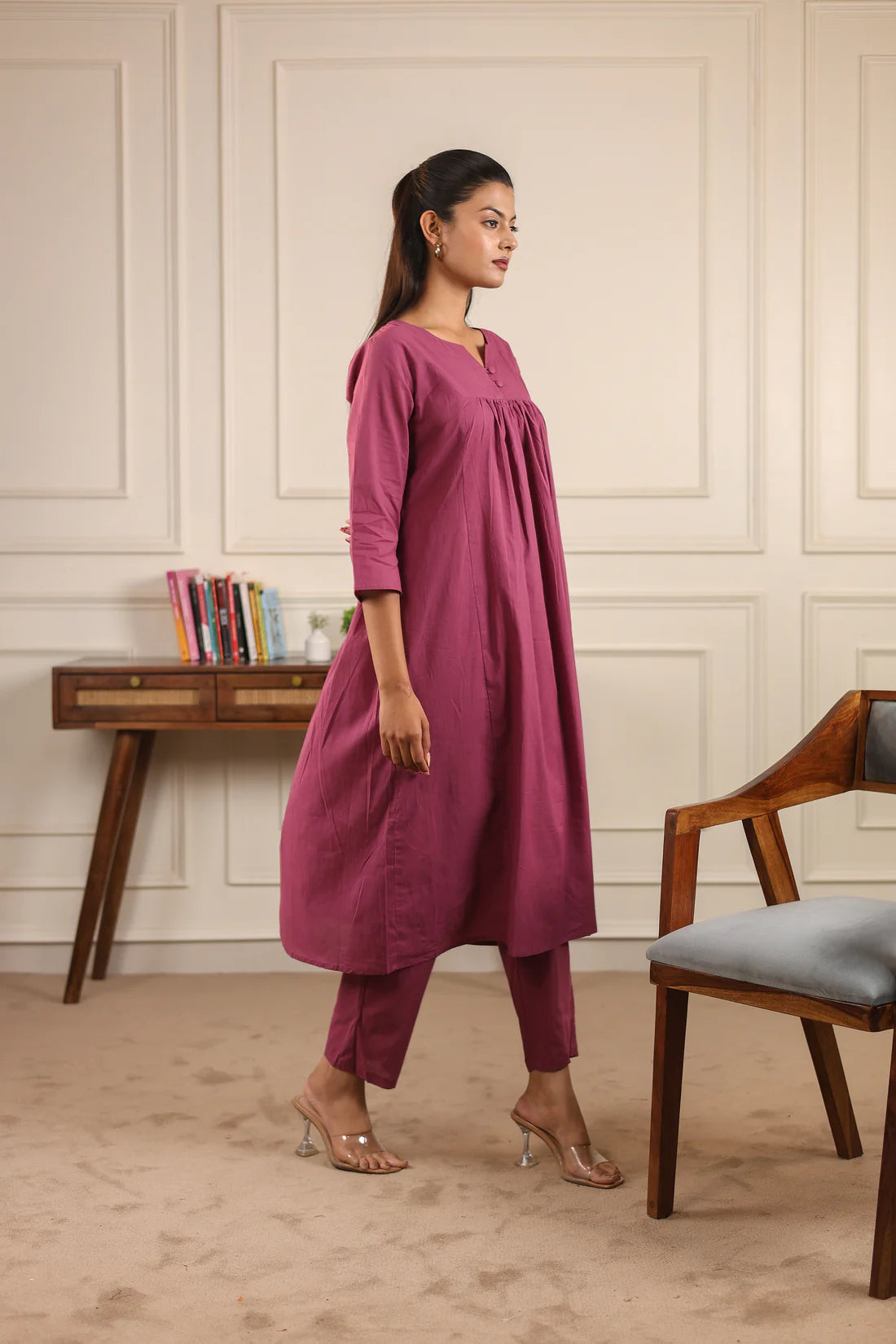 "Nayra" - Flowy Gathered Yoke Cotton Kurta & Straight Pants Set