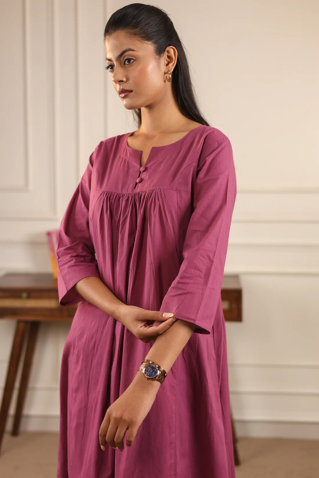 "Nayra" - Flowy Gathered Yoke Cotton Kurta & Straight Pants Set