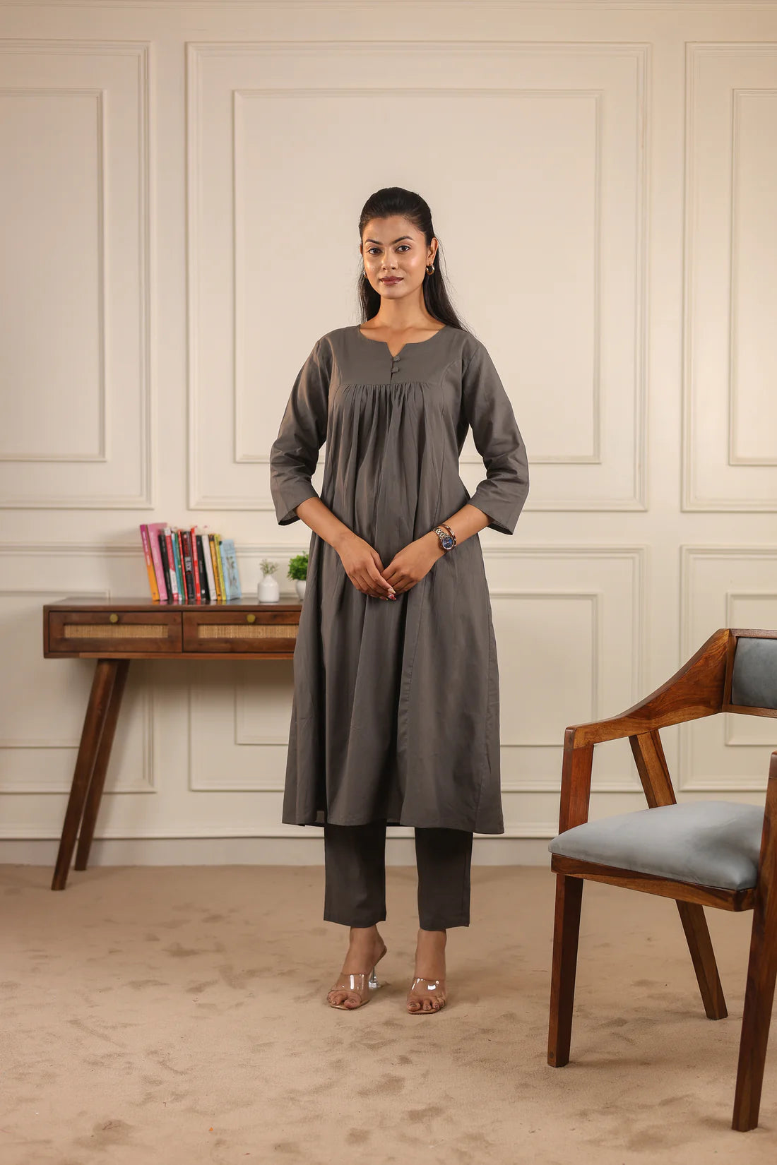 "Nayra" - Flowy Gathered Yoke Cotton Kurta & Straight Pants Set