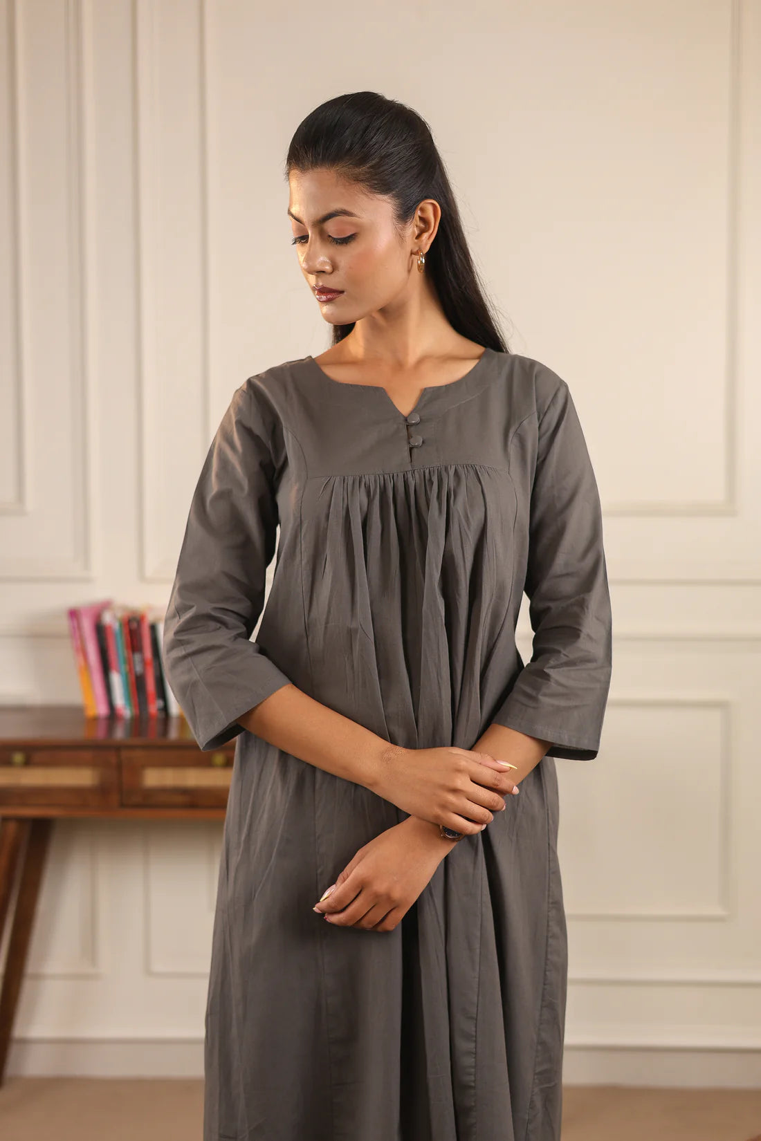 "Nayra" - Flowy Gathered Yoke Cotton Kurta & Straight Pants Set