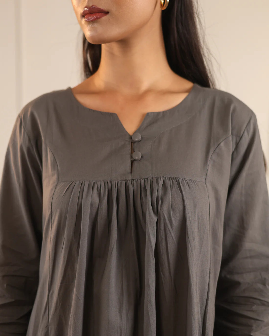 "Nayra" - Flowy Gathered Yoke Cotton Kurta & Straight Pants Set