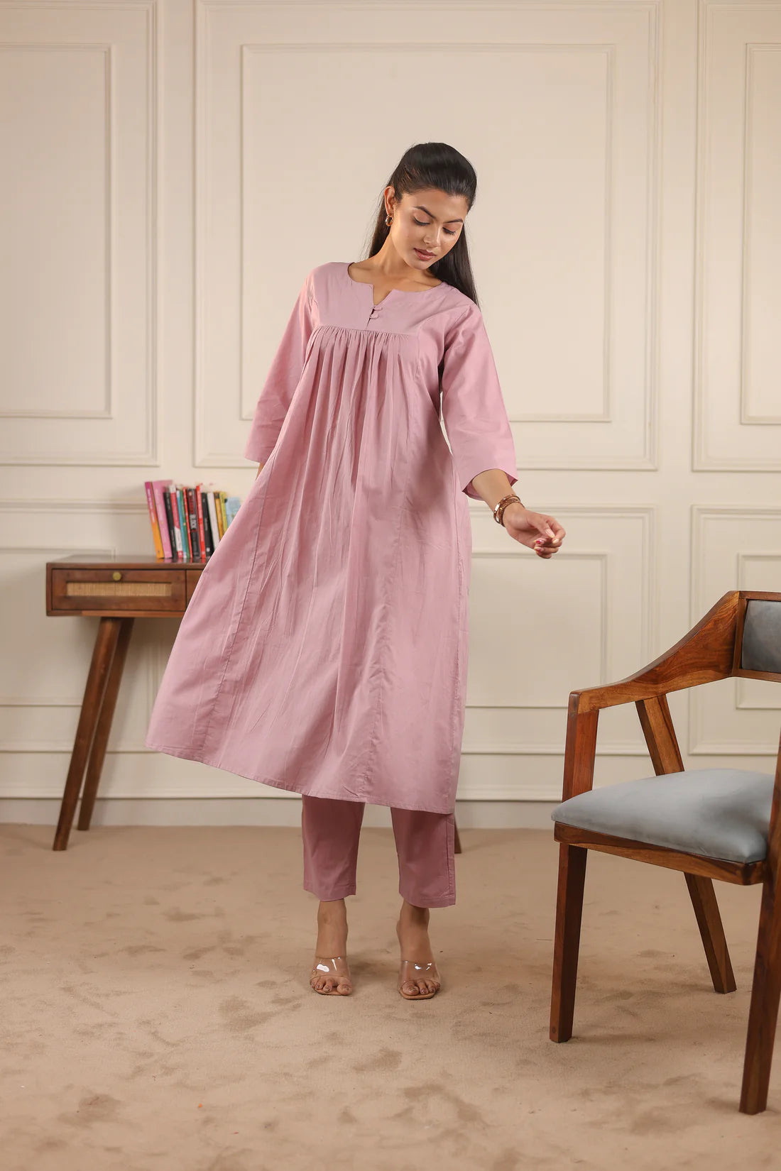 "Nayra" - Flowy Gathered Yoke Cotton Kurta & Straight Pants Set