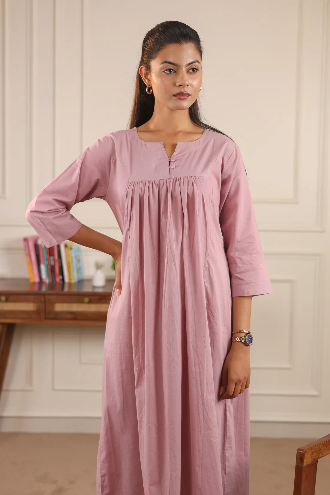 "Nayra" - Flowy Gathered Yoke Cotton Kurta & Straight Pants Set