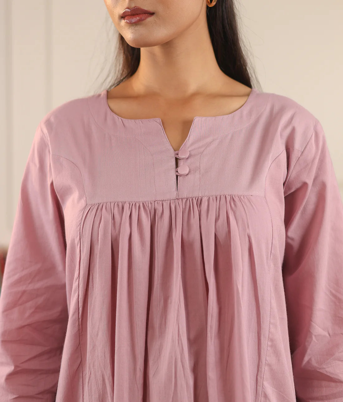 "Nayra" - Flowy Gathered Yoke Cotton Kurta & Straight Pants Set