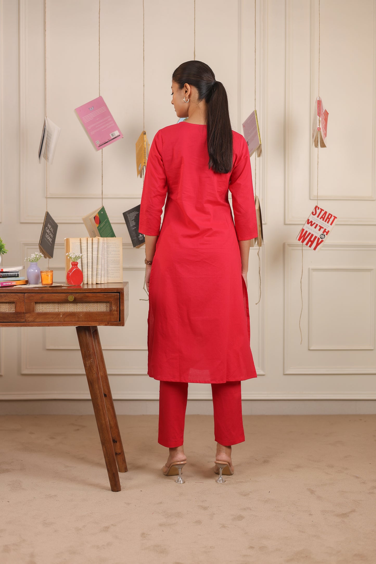 Vedora V-Neck Cotton Kurta Set with Chanderi Dupatta