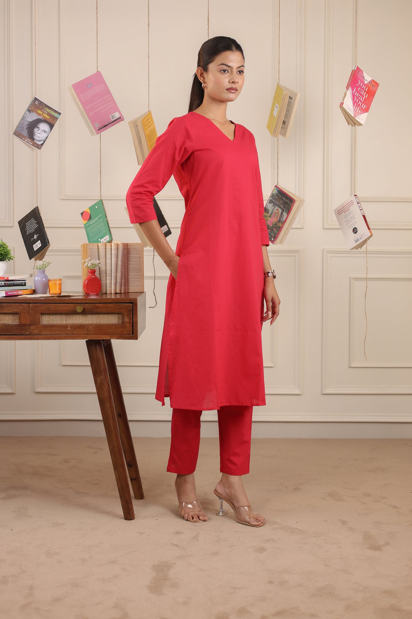Vedora V-Neck Cotton Kurta Set with Chanderi Dupatta