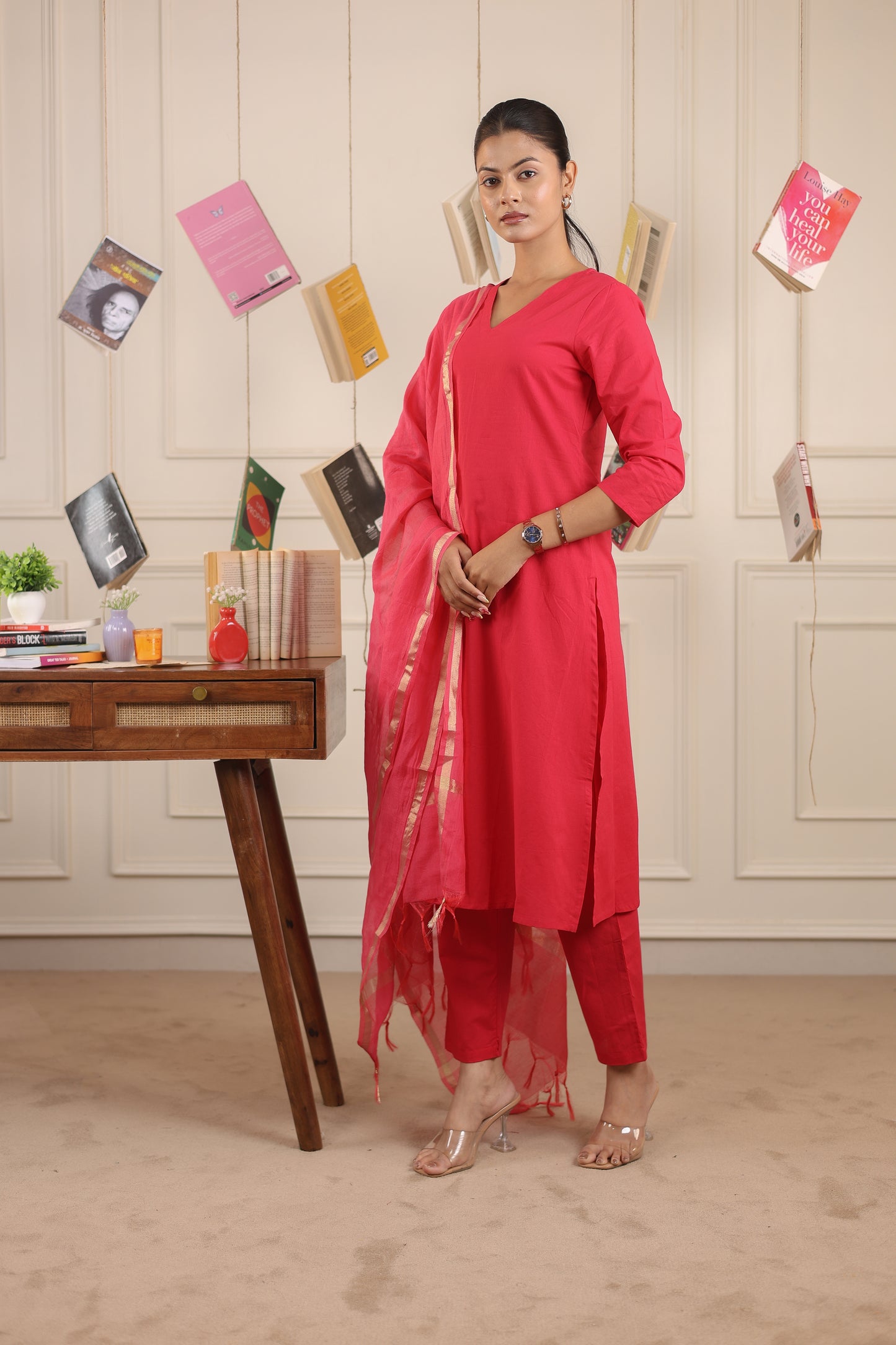 Vedora V-Neck Cotton Kurta Set with Chanderi Dupatta