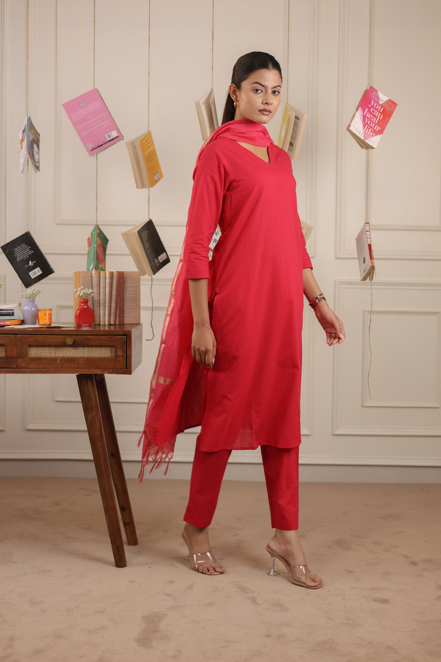 Vedora V-Neck Cotton Kurta Set with Chanderi Dupatta