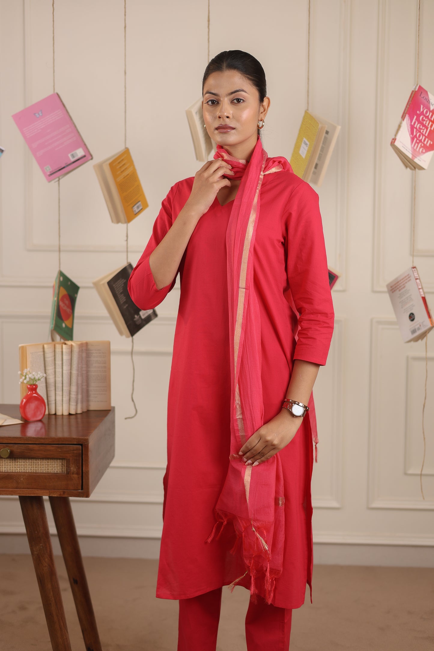 Vedora V-Neck Cotton Kurta Set with Chanderi Dupatta