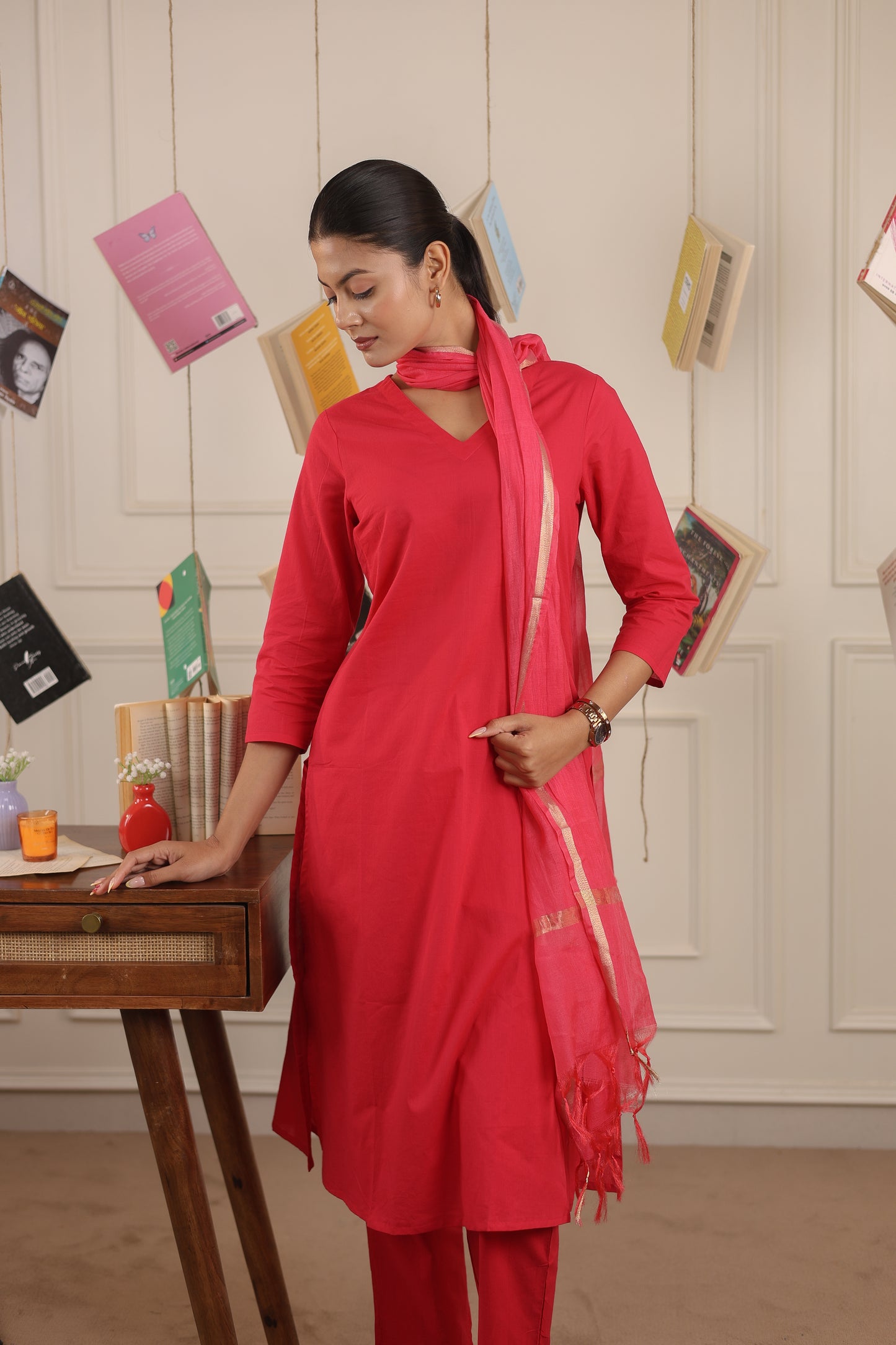 Vedora V-Neck Cotton Kurta Set with Chanderi Dupatta