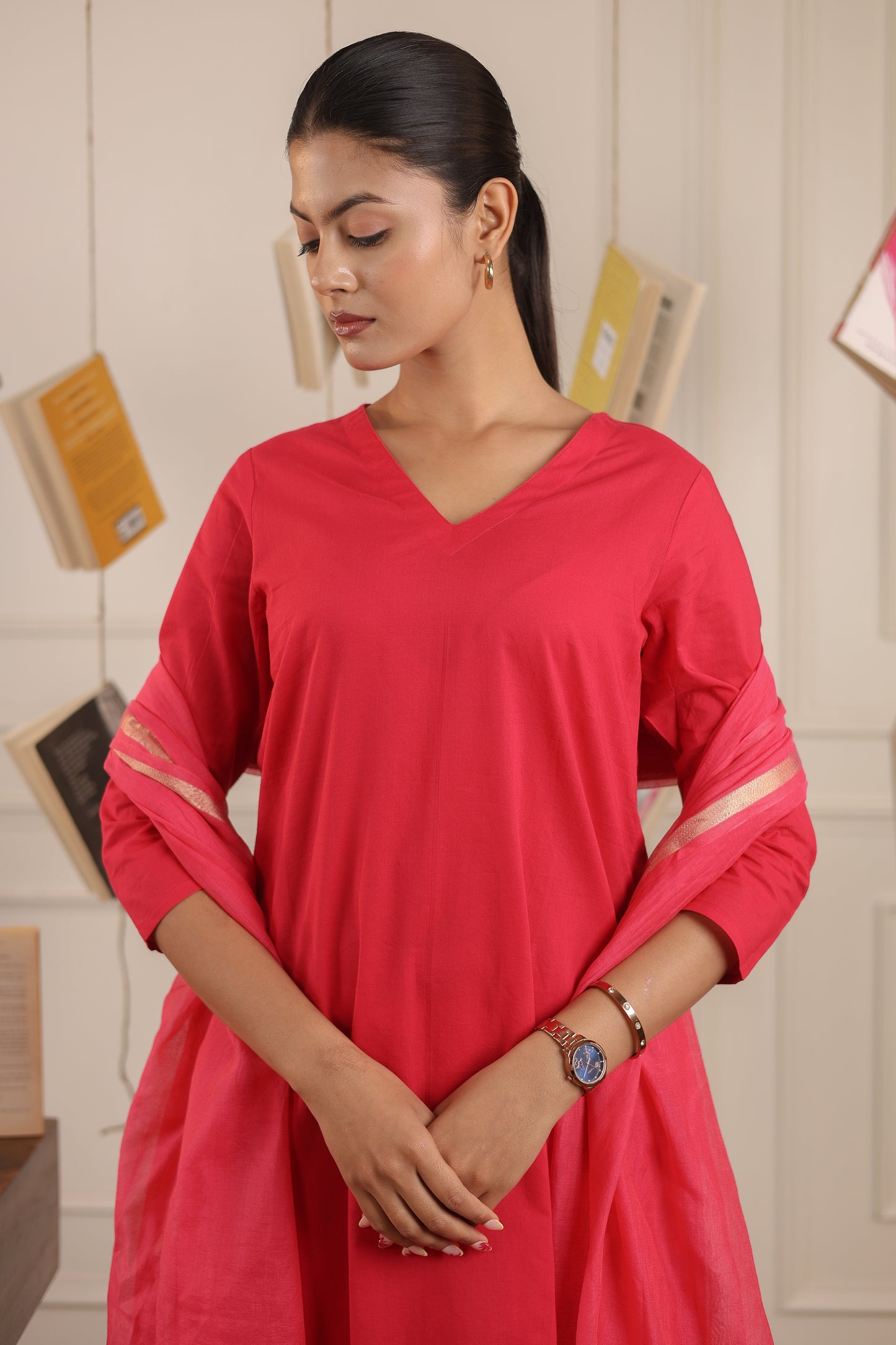 Vedora V-Neck Cotton Kurta Set with Chanderi Dupatta