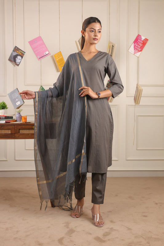 Vedora V-Neck Cotton Kurta Set with Chanderi Dupatta
