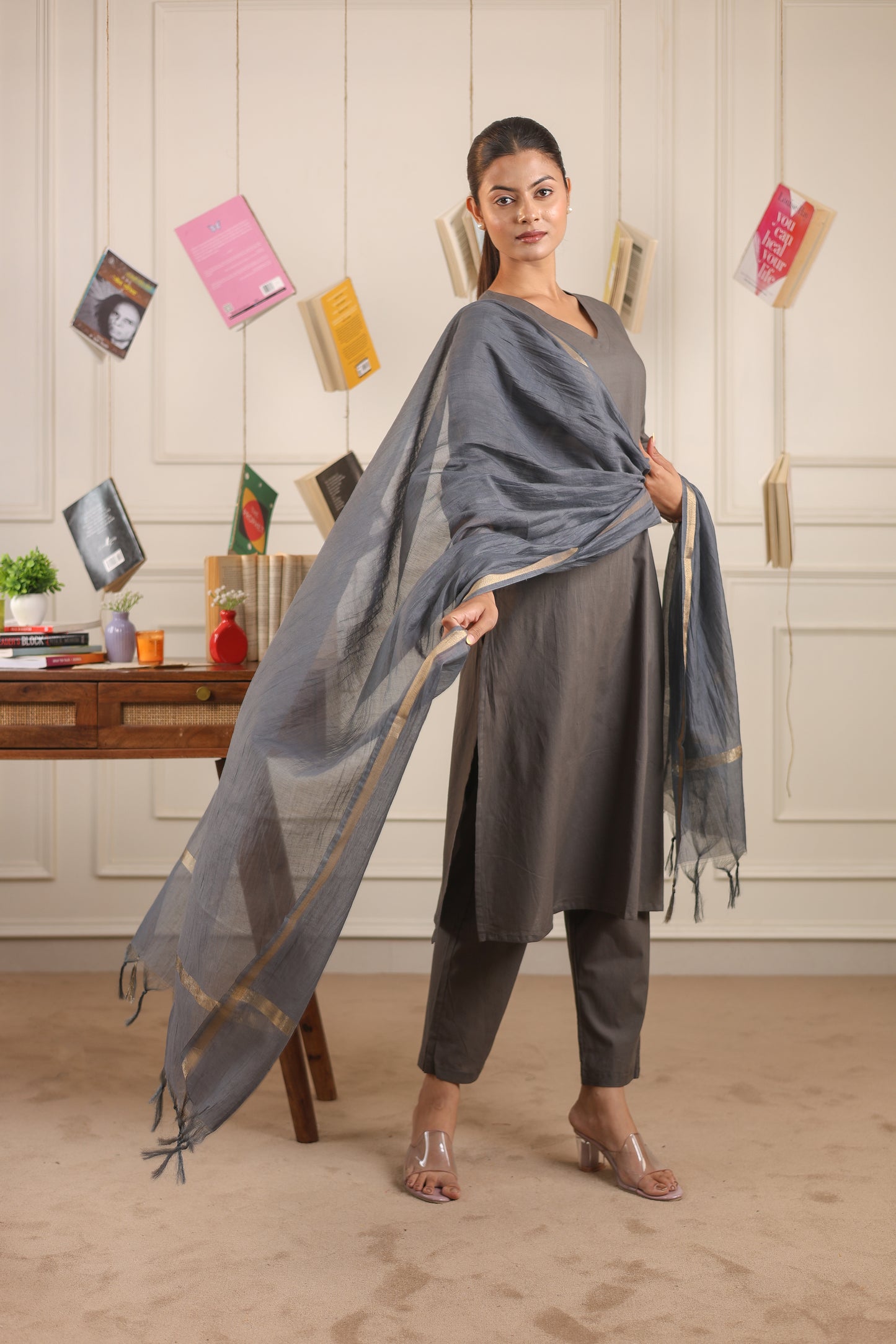 Vedora V-Neck Cotton Kurta Set with Chanderi Dupatta