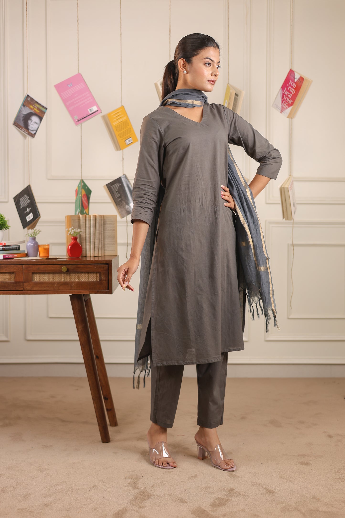 Vedora V-Neck Cotton Kurta Set with Chanderi Dupatta