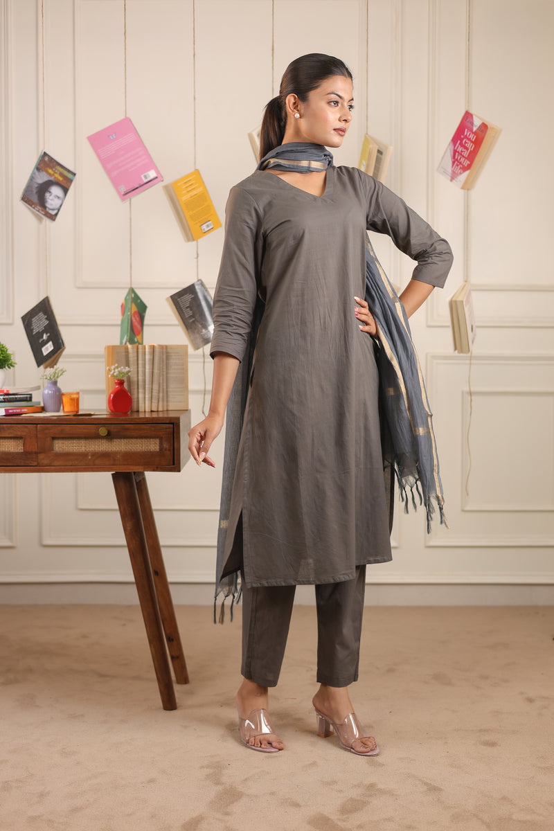 Vedora V-Neck Cotton Kurta Set with Chanderi Dupatta