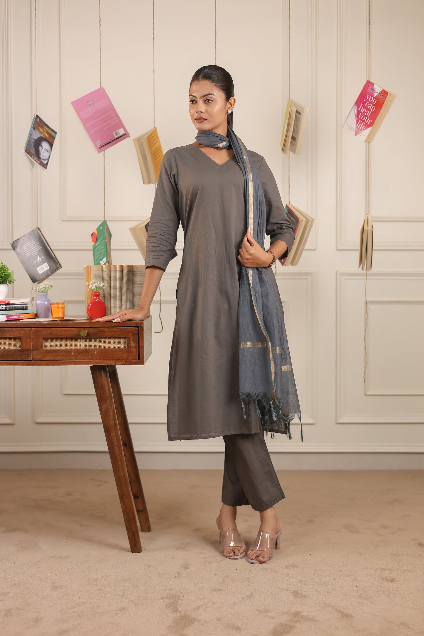Vedora V-Neck Cotton Kurta Set with Chanderi Dupatta