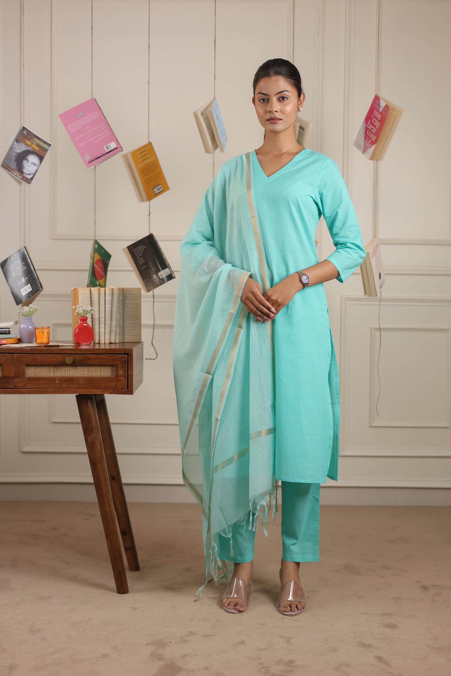 Vedora V-Neck Cotton Kurta Set with Chanderi Dupatta