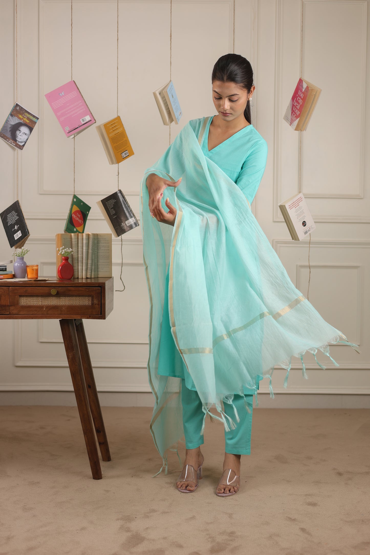 Vedora V-Neck Cotton Kurta Set with Chanderi Dupatta