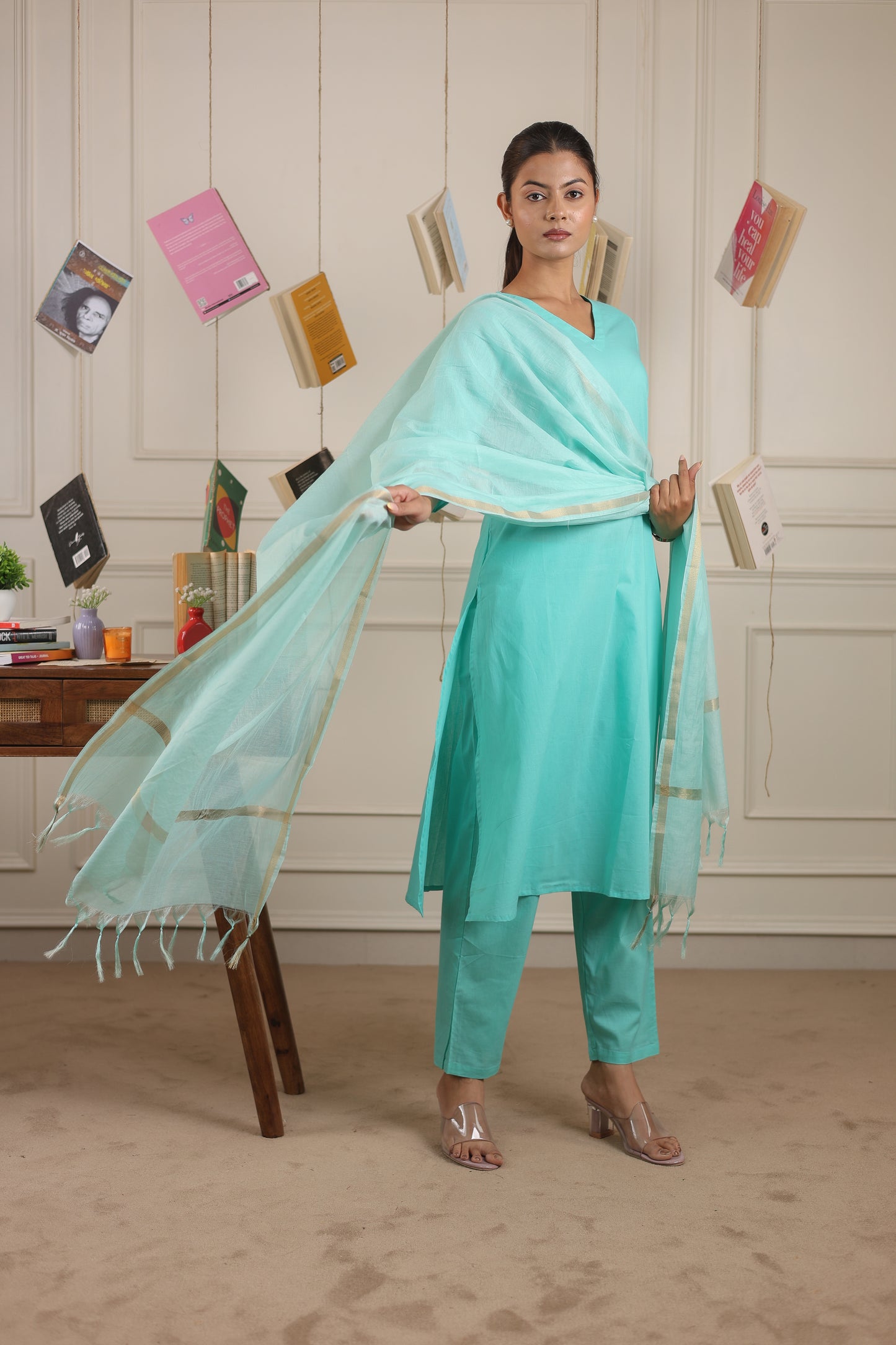 Vedora V-Neck Cotton Kurta Set with Chanderi Dupatta